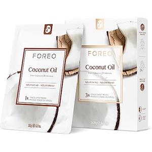 FOREO Coconut Oil, maschera in tessuto per pelle disidratata, 2 mod. di applicazione, confezione da 3, nutriente, olio di cocco e acqua di cocco, naturale e cruelty free, per dispositivi UFO