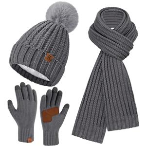 Bequemer Laden Donna Invernale Termici Cappello Berretto Lungo Sciarpa Touch Screen Guanti Set, Pompom Cappelli Berretti in Maglia con Fodera in Pile Antiscivolo Guanti Sciarpe Regalo Natale Donna