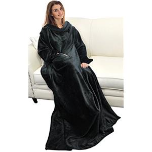 Catalonia Classy Coperta in Pile con Maniche, Micro Peluche Morbido Visone Coperta da Indossare, soffice Coperta, Plaid Maniche per Uomini, Donna, Fidanzata, Moglie, 185 x 130 cm, Regalo, Nero