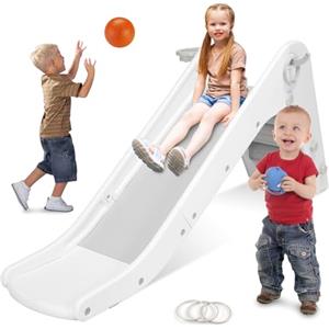 MAMIZO Scivolo per Bambini con Canestro da Basket, 170cm Scivolo per Bambini da Casa Interno, Plastica Scivolo da Giardino con Maniglie e Scale, Scivolo Bambini 1 Anno da Interno ed Esterno, Grigio e Bianco