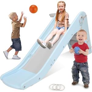 MAMIZO Scivolo per Bambini con Canestro da Basket, 170cm Scivolo per Bambini da Casa Interno, Plastica Scivolo da Giardino con Maniglie e Scale, Scivolo Bambini 1 Anno da Interno ed Esterno, Blu-Grigio