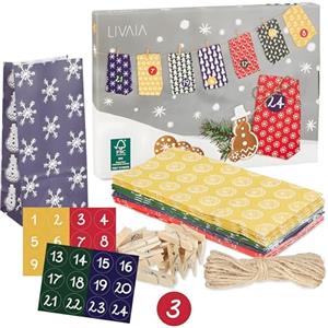 LIVAIA LIVAVIA Calendario Dell'avvento Vuoto - Sacchetti Grandi da riempire per bambini - 24 borse Personalizzabile te fai da te Con Adesivi e Mollette di Legno per Abiti - Regali per bambini