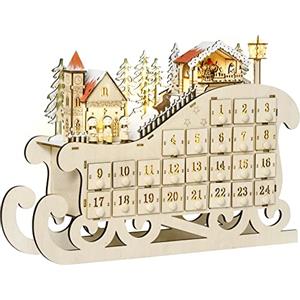 HOMCOM Calendario dell'Avvento in Legno a Forma di Slitta con 24 Cassetti da Riempire, Decorazioni e Luci a LED, 45x10x31cm