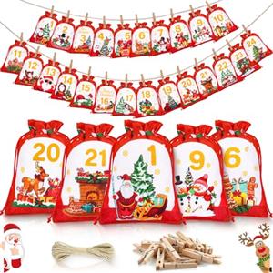 INSCN Calendario Avvento Fai da Te 2024 Bambini Donna Uomo, 18 x 13 cm Sacchetti Calendario Avvento da Riempire con Mollette Legno, Spago, Calendario dell'avvento Calendario Avvento Vuoto per Regali Natale