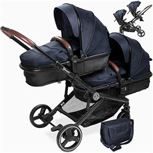 babyGO Passeggino gemellare 3 in 1 per gemelli, passeggino gemellare, per 2 bambini, con molti accessori, colore: grigio antracite melange-senza navicella