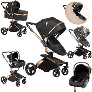 Sianldcone Pelle PU Passeggino 3 in 1 Trio Neonati, 360° Sedile Girevole Carrozzina per Neonato, Spinta Bidirezionale Passeggino Reversibile, Visione Aperta Passeggino Trolley (906 Black)