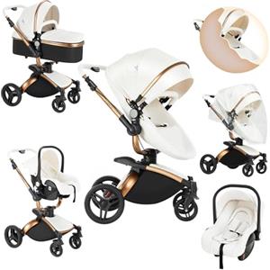 Sianldcone Pelle PU Passeggino 3 in 1 Trio Neonati, 360° Sedile Girevole Carrozzina per Neonato, Spinta Bidirezionale Passeggino Reversibile, Visione Aperta Passeggino Trolley (906 White)