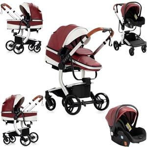 Sianldcone Pelle PU Passeggino 3 in 1 Trio Neonati, Tessuti di Alta Qualità Carrozzina per Neonato, Spinta Bidirezionale Passeggino Reversibile, Visione Aperta Passeggino Trolley (518 Red)