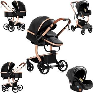 Sianldcone Pelle PU Passeggino 3 in 1 Trio Neonati, Tessuti di Alta Qualità Carrozzina per Neonato, Spinta Bidirezionale Passeggino Reversibile, Visione Aperta Passeggino Trolley (518 Black)