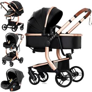 Reenborn Pelle PU Passeggino Trio, Passeggino 3 in 1 con Due Modi Reversibili Spingere, Trio con Telaio Alluminio Paesaggistico Alto, Trio Passeggino Neonati Design Pieghevole in Un Clic (518 Black)