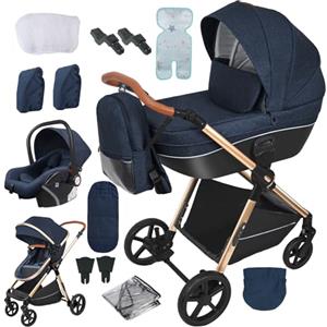 Reenborn Passeggino 4 in 1, Passeggino Trio con Due Modi Reversibili Spingere, Trio con Telaio Alluminio Paesaggistico Alto, Trio Passeggino Neonati con Design Pieghevole in Un Clic (H2 Blue)