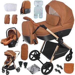 Reenborn Passeggino 4 in 1, Passeggino Trio con Due Modi Reversibili Spingere, Trio con Telaio Alluminio Paesaggistico Alto, Trio Passeggino Neonati con Design Pieghevole in Un Clic (H2 Caramel)