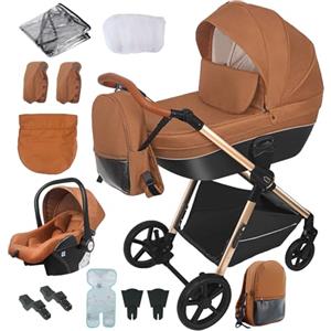 Reenborn Passeggino Trio, Passeggino 3 in 1 con Due Modi Reversibili Spingere, Trio con Telaio Alluminio Paesaggistico Alto, Trio Passeggino Neonati con Design Pieghevole in Un Clic (H2 Caramel)