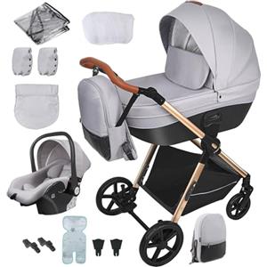 Reenborn Passeggino Trio, Passeggino 3 in 1 con Due Modi Reversibili Spingere, Trio con Telaio Alluminio Paesaggistico Alto, Trio Passeggino Neonati con Design Pieghevole in Un Clic (H2 Light Grey)