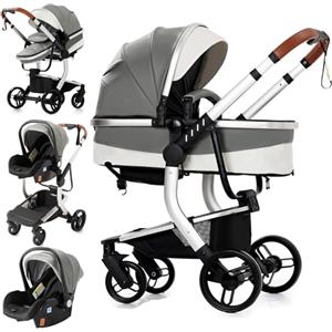 Reenborn Pelle PU Passeggino Trio, Passeggino 3 in 1 con Due Modi Reversibili Spingere, Trio con Telaio Alluminio Paesaggistico Alto, Trio Passeggino Neonati Design Pieghevole in Un Clic (518 Grey)