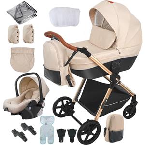 Reenborn Passeggino Trio, Passeggino 3 in 1 con Due Modi Reversibili Spingere, Trio con Telaio Alluminio Paesaggistico Alto, Trio Passeggino Neonati con Design Pieghevole in Un Clic (H2 Yellowish)