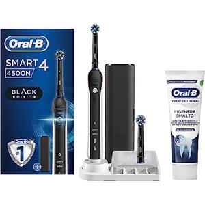 Oral-B Spazzolino Elettrico Ricaricabile Smart 4 4500, 1 Spazzolino Nero, 2 Testine CrossAction, 1 Custodia da Viaggio + Dentifricio Rigenera Smalto, Pulizia Quotidiana 75ml