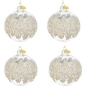 Bizzotto Palle di Natale in Vetro Trasparente Argento con Perle, Set 4 Pz Palline ⌀ 80 mm, Addobbi Natalizi Ornamento per Albero