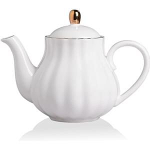 Sweejar Home Royal Teiera, teiera in ceramica con infusore rimovibile in acciaio inox, teiera con fiori e foglie sciolte - (5-6 tazze) 1100 ml (bianco)