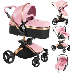 Nine point nine Pelle PU Trio Passeggino Neonati, Passeggino 3 in 1 con Sedile Convertibile Rotante a 360°, Carrozzina per Neonati con Grande Nacelle, Passeggino Trio Telaio in Alluminio (906 Pink)