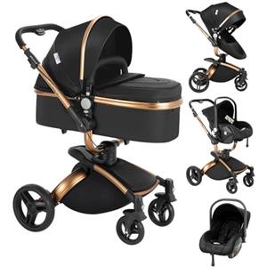 Nine point nine Pelle PU Trio Passeggino Neonati, Passeggino 3 in 1 con Sedile Convertibile Rotante a 360°, Carrozzina per Neonati con Grande Nacelle, Passeggino Trio Telaio in Alluminio (906 Black)