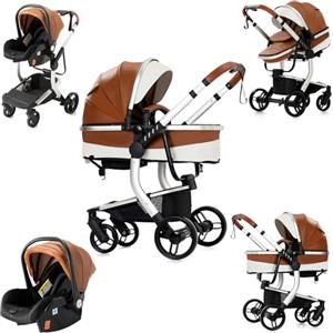 Nine point nine Pelle PU Trio Passeggino Neonati, Passeggino 3 in 1 con Doppia Modalità Spinta Reversibile, Carrozzina per Neonati con Grande Nacelle, Passeggino Trio Telaio in Alluminio (518 Khaki)