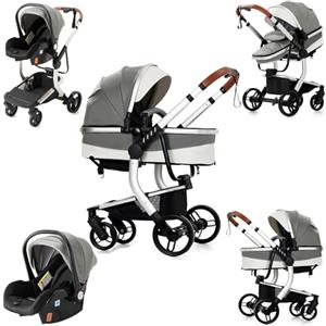 Nine point nine Pelle PU Trio Passeggino Neonati, Passeggino 3 in 1 con Doppia Modalità Spinta Reversibile, Carrozzina per Neonati con Grande Nacelle, Passeggino Trio Telaio in Alluminio (518 Grey)