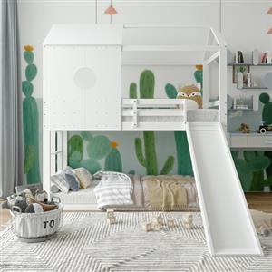 DIYHOM Letto per bambini a castello 90 x 200 cm, letto con finestre e scivolo, struttura per letto in legno con protezione anti-caduta e rete a doghe, senza materasso, in legno massiccio, bianco