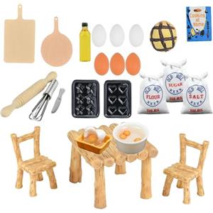 sylbx 19 Pezzi Accessori miniatura per Casa Delle Bambole,Micro accessori da cucina,Set Cucina da Tavolo in Miniatura,uova, mattarello, sacchetto di farina, sbattiuova, bottiglia di olio,tavolo e sedie