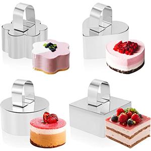 Pwsap 4Pcs Coppapasta, Anello per Torta Coppa Pasta con Pressa Anelli per Torte Coppapasta Tagliapasta Anello Acciaio Inox DIY Stampo Circolare, Rotondo Quadrato Fiore Cuore, per Pasticceria,Torte Mousse