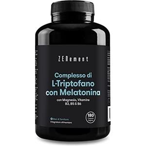 Zenement Complesso di L-Triptofano, con Melatonina, Magnesio e Vitamine B3, B5 e B6, 180 Capsule | Induce il sonno e migliora la qualità del sonno | Vegan, Senza Additivi | Zenement