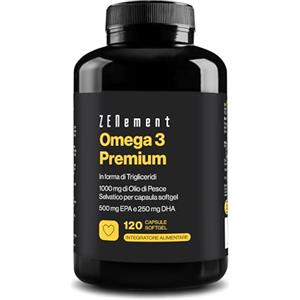 Zenement Omega 3 Premium - Trigliceridi per Massimo Assorbimento - 1000 mg EPA + 500 mg DHA per Dose - Olio di Pesce Selvatico Certificato FOS - 120 Capsule