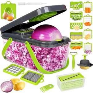 MUUKAIII 20 in1 Mandolina Professionale per Affetta Verdure, Portabilità Multifunzione Taglia Verdure Manuale con 13 Lame in Inox, Tagliaverdure Frutta Cipolla Carote Patate Cubetti Grattugia -Grigio