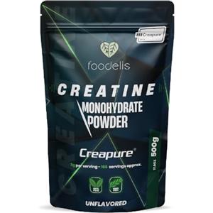 Foodelis Creatina Creapure 500g in polvere - 100% Creatina Monoidrata Creapure Certificata - Senza Sapore, Non-OGM, Pura senza Additivi - Alta Solubilità - Include Dosatore - Creatine Pura