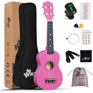 Winzz Ukulele Soprano Adulti, Ukulele Bambini Legno, 21 Pollici Ukulele Principianti, Fucsia Scuola Media Kit con 9 Accessori, Adesivo per Tastiera, Carta degli Accordi