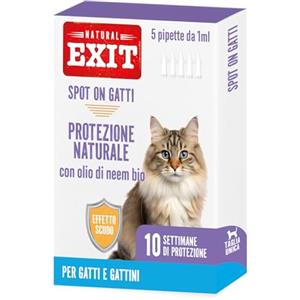 Natural Exit Antiparassitario per Gatti - Spot On Naturale con Olio di Neem - 5 Pipette Antiparassitario Gatti da 1ml - Antipulci Gatto contro Pulci, Zecche e Zanzare