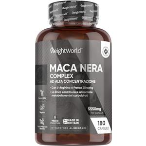 WeightWorld Maca Peruviana Nera (per 6 Mesi) con L Arginina + Zinco + Panax Ginseng + Pepe Nero, 1 Capsula di Maca Nera Complex al Giorno, Estratto 100:1, 180 Capsule Vegane, Integratore Senza Magnesio Stearato