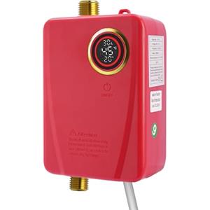 MINRS Scaldacqua elettrico istantaneo, 3,5 KW 220 V, scaldabagno elettrico con schermo a LED, indicatore di temperatura e soffione doccia, mini scaldabagno elettrico, rosso