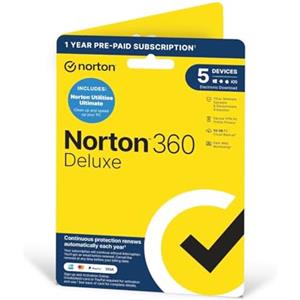 NortonLifeLock Norton 360 Deluxe 2024 + Utilities Ultimate Antivirus Software for 5 Devices and 1-Year Subscription with Automatic Renewal - Activation Code by Post