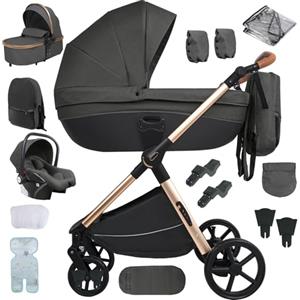 MoLi Passeggino 4 in 1, Passeggino Trio con Doppia Modalità Push Reversibile, Trio Passeggino Neonati con Grande Navicella, Carrozzina per Neonati in Alluminio Pieghevole (H2 Deep Grey)