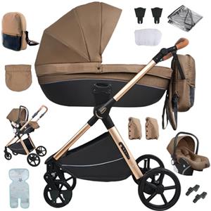 MoLi Passeggino Trio, Passeggino 3 in 1 con Doppia Modalità Push Reversibile, Trio Passeggino Neonati con Grande Navicella, Carrozzina per Neonati in Alluminio Pieghevole (H2 Khaki)