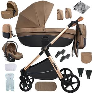 MoLi Passeggino 4 in 1, Passeggino Trio con Doppia Modalità Push Reversibile, Trio Passeggino Neonati con Grande Navicella, Carrozzina per Neonati in Alluminio Pieghevole (H2 Khaki)