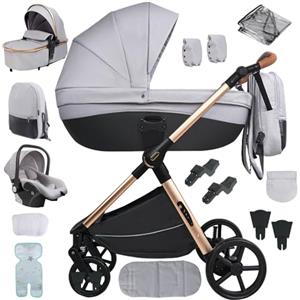 MoLi Passeggino 4 in 1, Passeggino Trio con Doppia Modalità Push Reversibile, Trio Passeggino Neonati con Grande Navicella, Carrozzina per Neonati in Alluminio Pieghevole (H2 Light Grey)