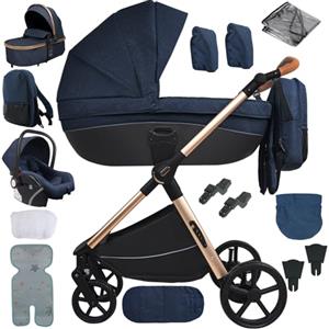 MoLi Passeggino 4 in 1, Passeggino Trio con Doppia Modalità Push Reversibile, Trio Passeggino Neonati con Grande Navicella, Carrozzina per Neonati in Alluminio Pieghevole (H2 Blue)