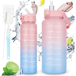 AOHAN 2 borracce motivazionali da 2 l e 750 ml, senza BPA, per sport, con tacche orarie, a prova di perdite, per scuola, ufficio, escursionismo, fitness (rosa-blu)