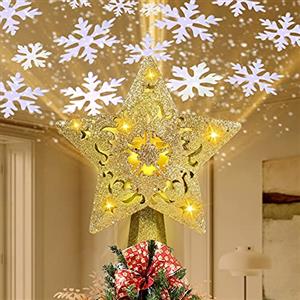 RNSSEZ Puntale per Albero di Natale, 3D Glitterato Stella Puntale Albero di Natale con Proiezione Luce Rotante Fiocchi di Neve LED, Decorazione dell'ornamento dell'albero di Natale (Oro)