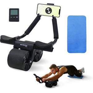 Mobiclinic®, Ruota addominale con rimbalzo automatico, Ab roller, Supporto per i gomiti, Timer digitale, Tappetino antiscivolo, Doppia, Portacellulare, Ra-02, Palestra domestica, Fitness