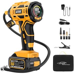 AUTDER Compressore d'Aria Portatile, Gonfiatore Senza Fili 180 PSI con Due Fonti di Alimentazione, Batteria 21V / 12V DC, Manometro Digitale, Spegnimento Automatico, Perfetto per Viaggi (Giallo)