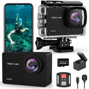 TIMNUT 4K 60FPS Action Cam, 40M Fotocamera Subacquea con scheda SD da 64 GB, 48MP HD WIFI Videocamera con Telecomando,EIS Telecamera Sott'acqua,Mic Esterno,2x1350mAh Batterie e Accessori di Montagg