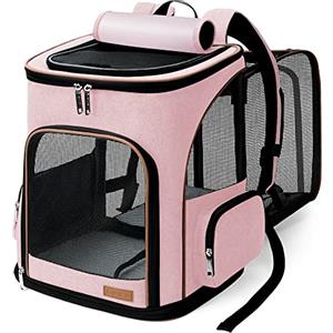 Lekesky Zaino per Cani Gatti Grande Porta Animali Estensibile, Portatile Zaino Trasportino Gatto Pieghevole con Guinzaglio Interno e 2 Tappetini, Per Cani Piccoli Gatti Medi Fino a 8-10 KG, Rosa XL